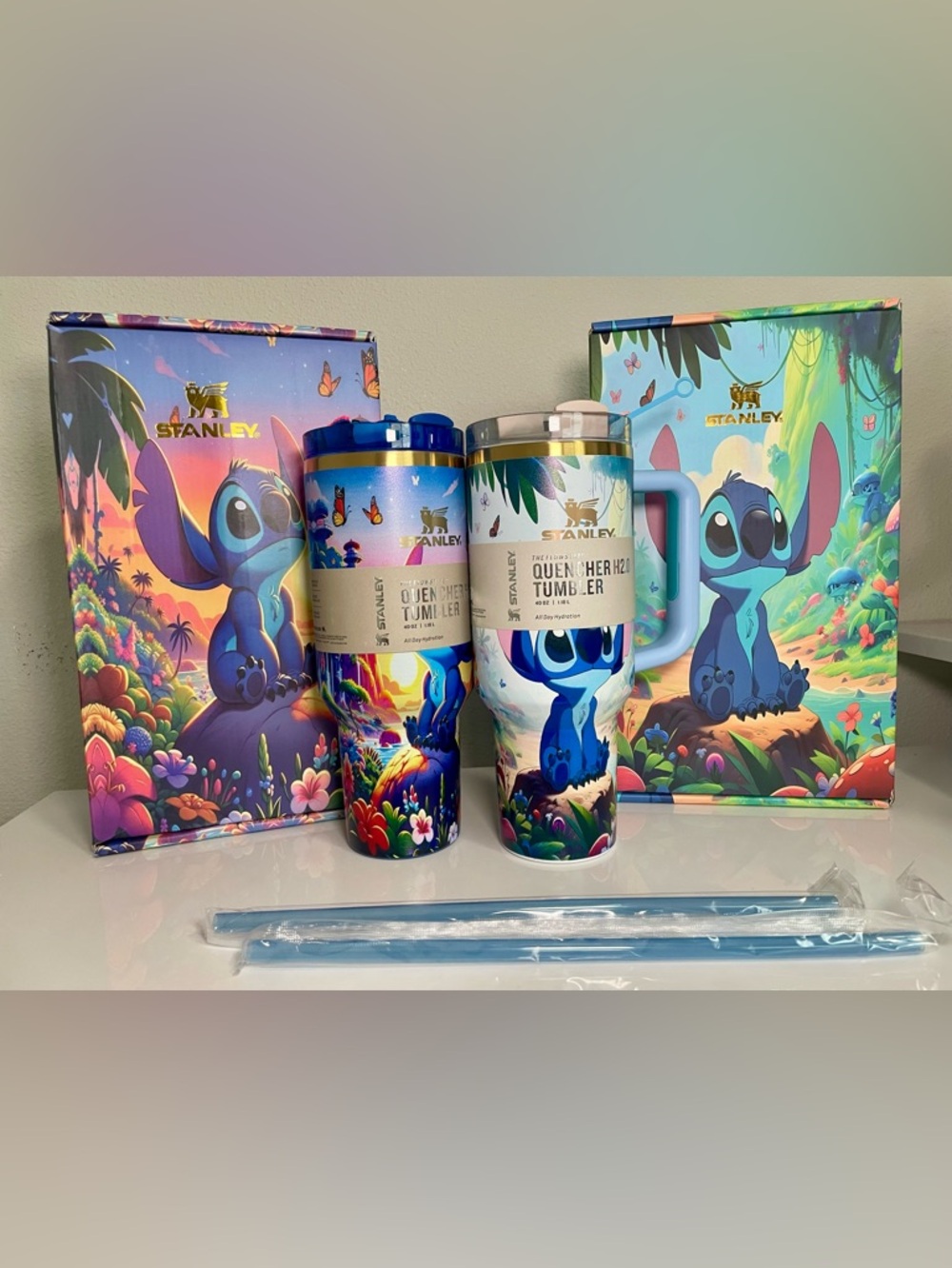 Stanley Quencher Tumbler 40 oz w/ Custom in Blue & Light Blue Stitch Bundle Rare